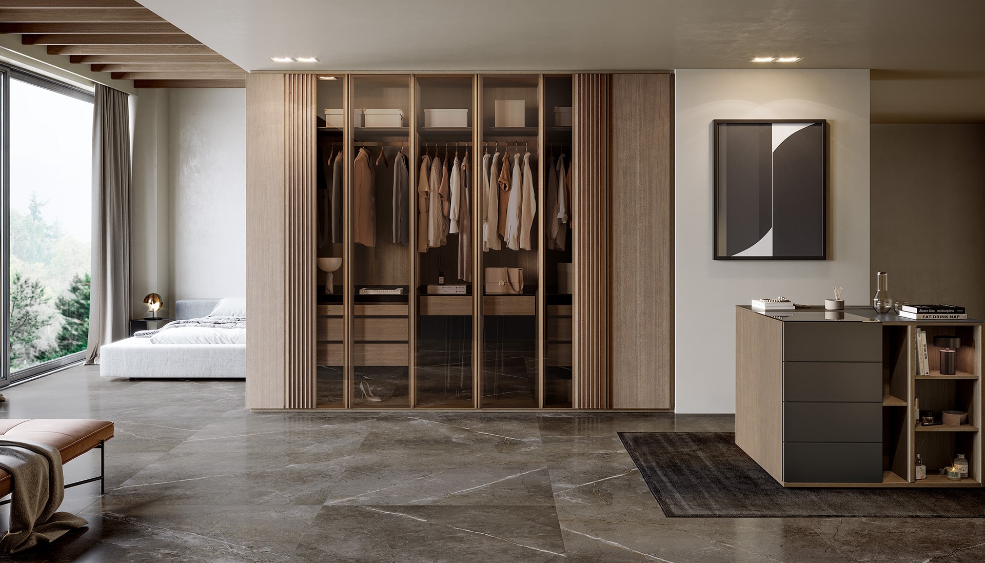 Armarios de lujo colección Nara – armario de lujo a medida inspirado en la arquitectura japonesa Armarios de lujo colección Nara en madera natural con puertas de cristal y estantes abiertos