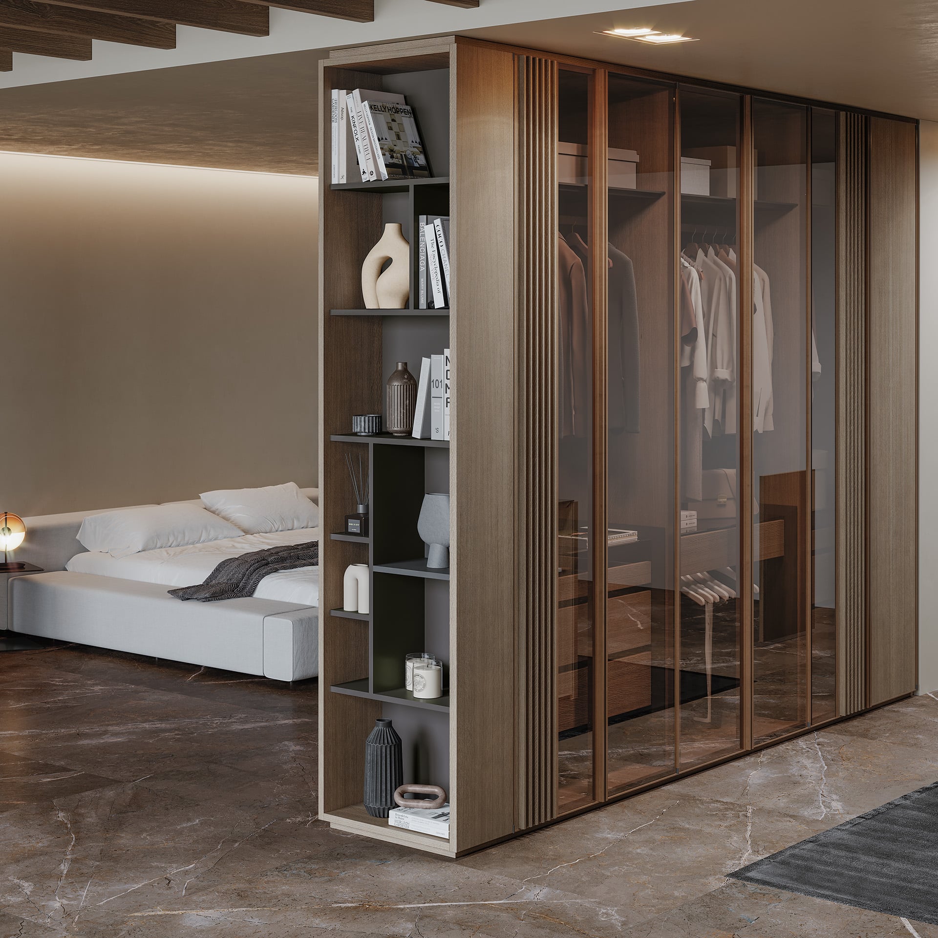 Armarios de lujo colección Nara – diseño contemporáneo y artesanía de alta gama en madera Armarios de lujo colección Nara con frentes de madera noble y tiradores integrados