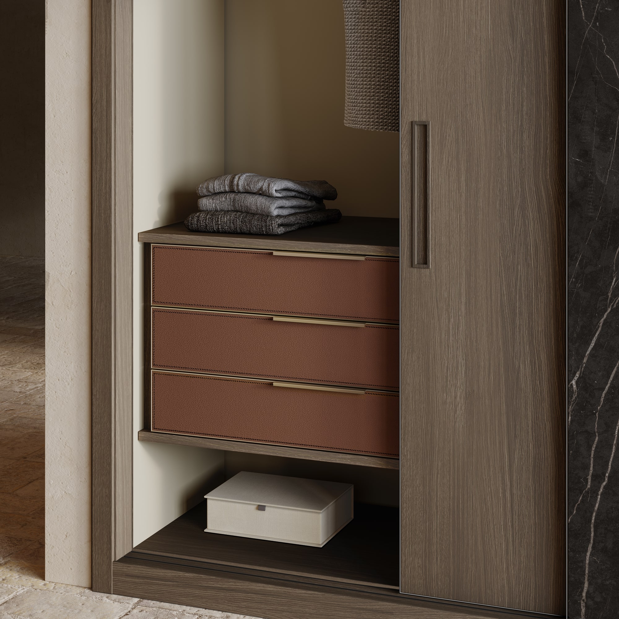 Armarios de lujo Panoramic C Corredera con panel deslizante elegante materiales nobles y volúmenes precisos