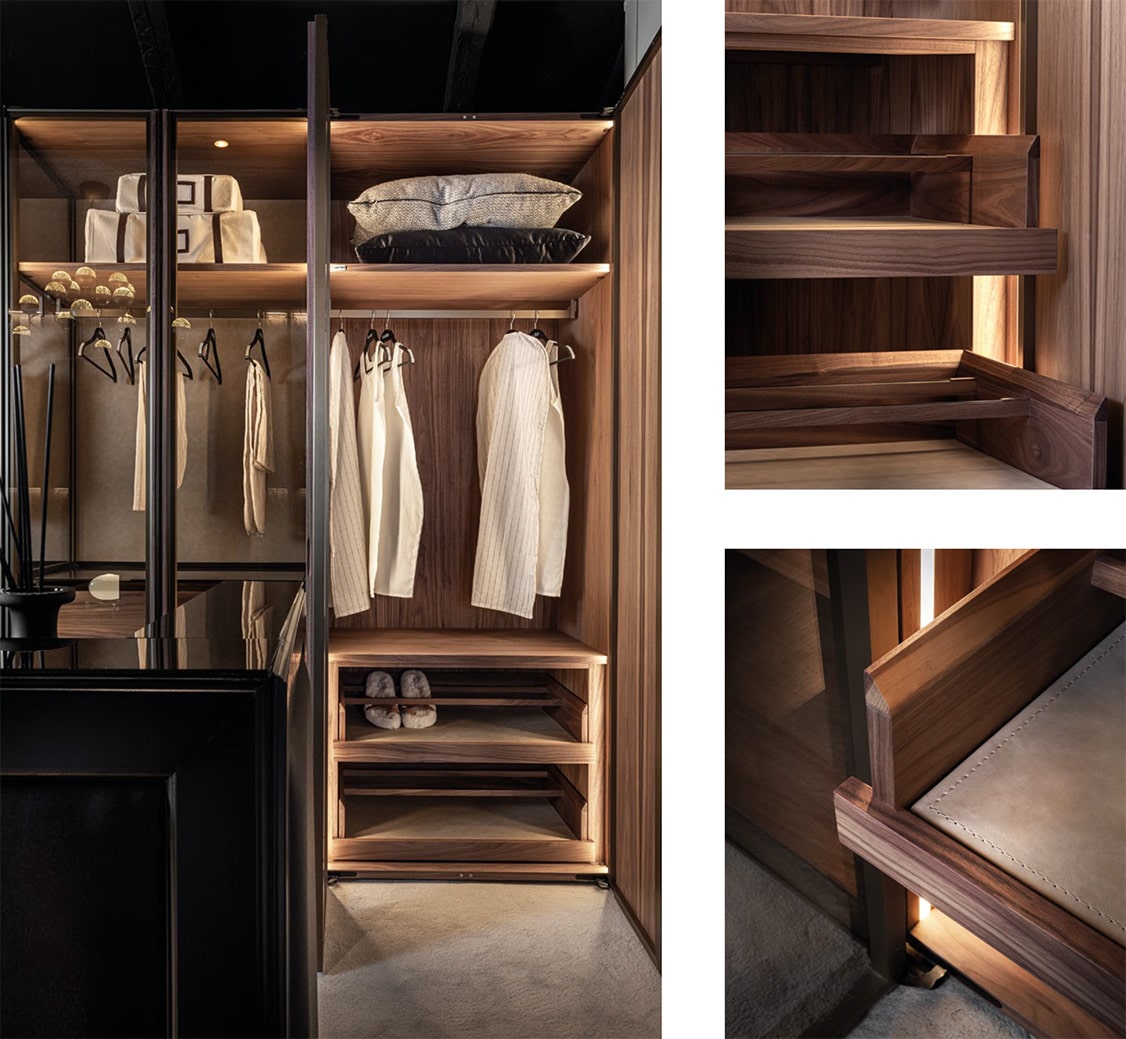 Armarios de lujo interiores vestidor UECKO — carpintería artesanal de alta gama y luz integrada Armarios de lujo interiores de vestidor de UECKO en madera noble con iluminación integrada y detalles artesanales