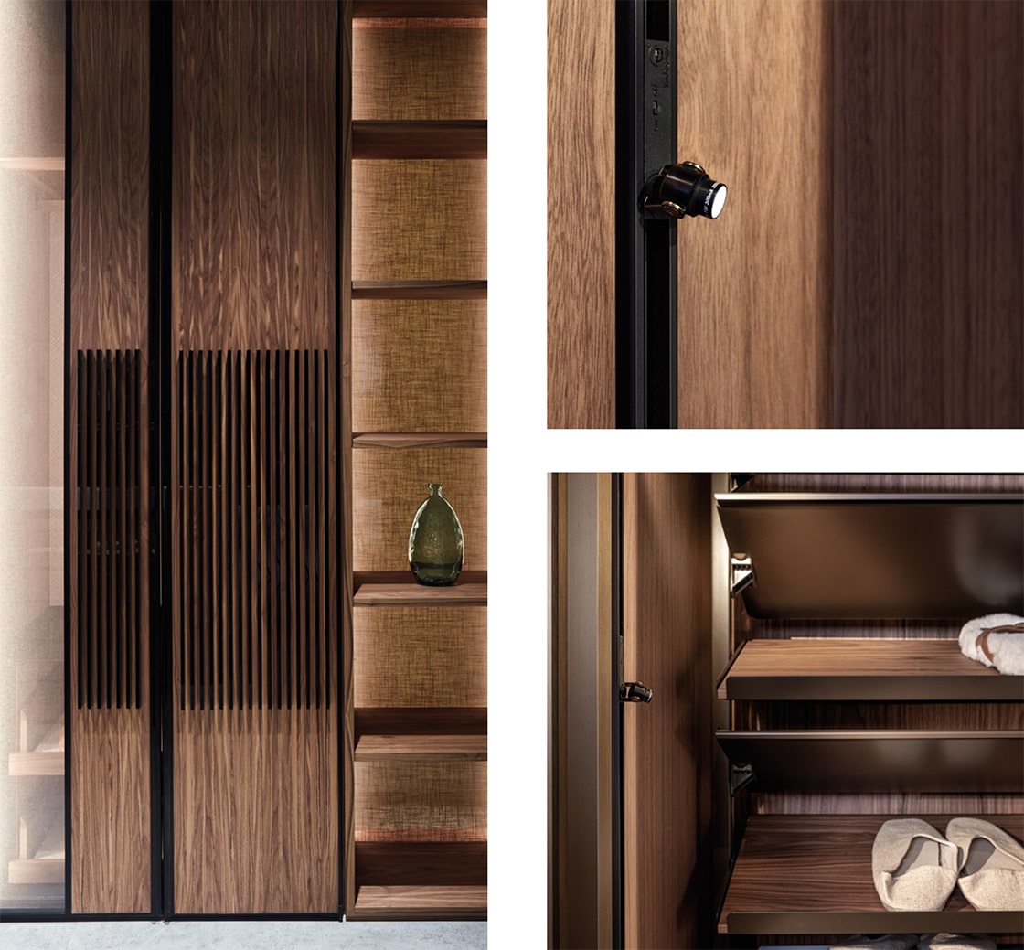 Armarios de lujo interiores detalle UECKO — tirador exclusivo y estantes en madera natural Armarios de lujo interiores detalle de tirador y estantes en vestidor UECKO con acabado en madera natural