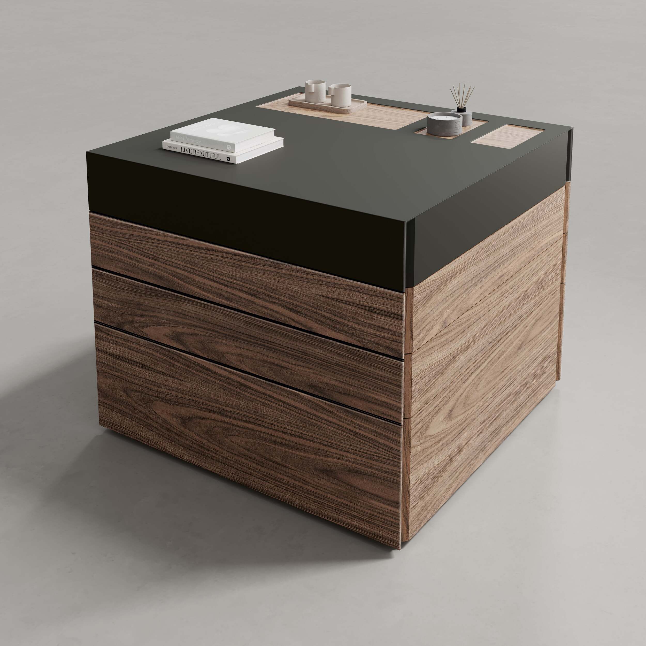 Armarios de lujo Isla A de la colección Nara de UECKO con diseño modular y acabado en madera natural