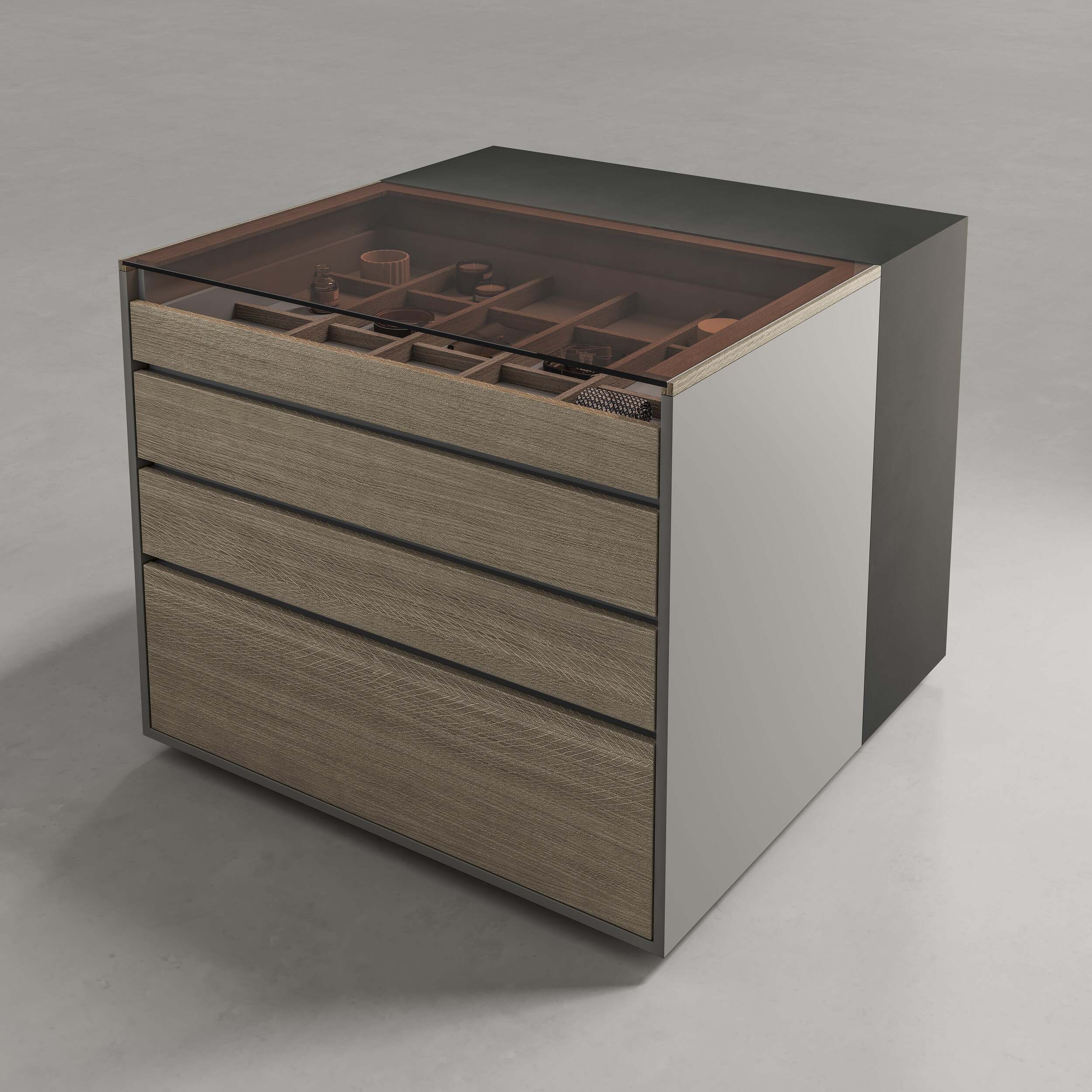 Armarios de lujo isla de vestidor Uecko con panel frontal minimalista y base metálica