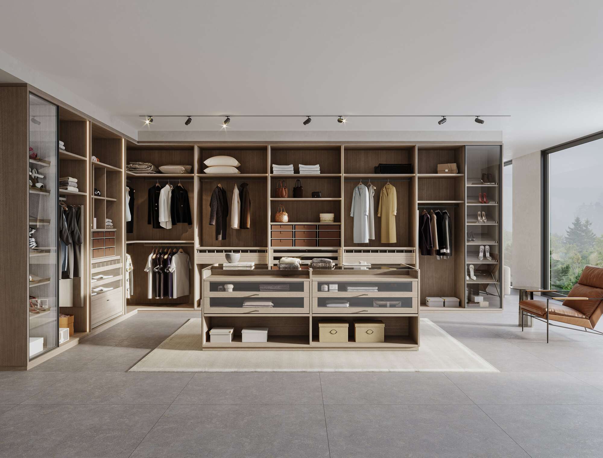 Armarios de lujo Vestidor clásico – vestidor de lujo atemporal con iluminación integrada Armarios de lujo Vestidor clásico de UECKO con cascada de luz vertical y diseño atemporal