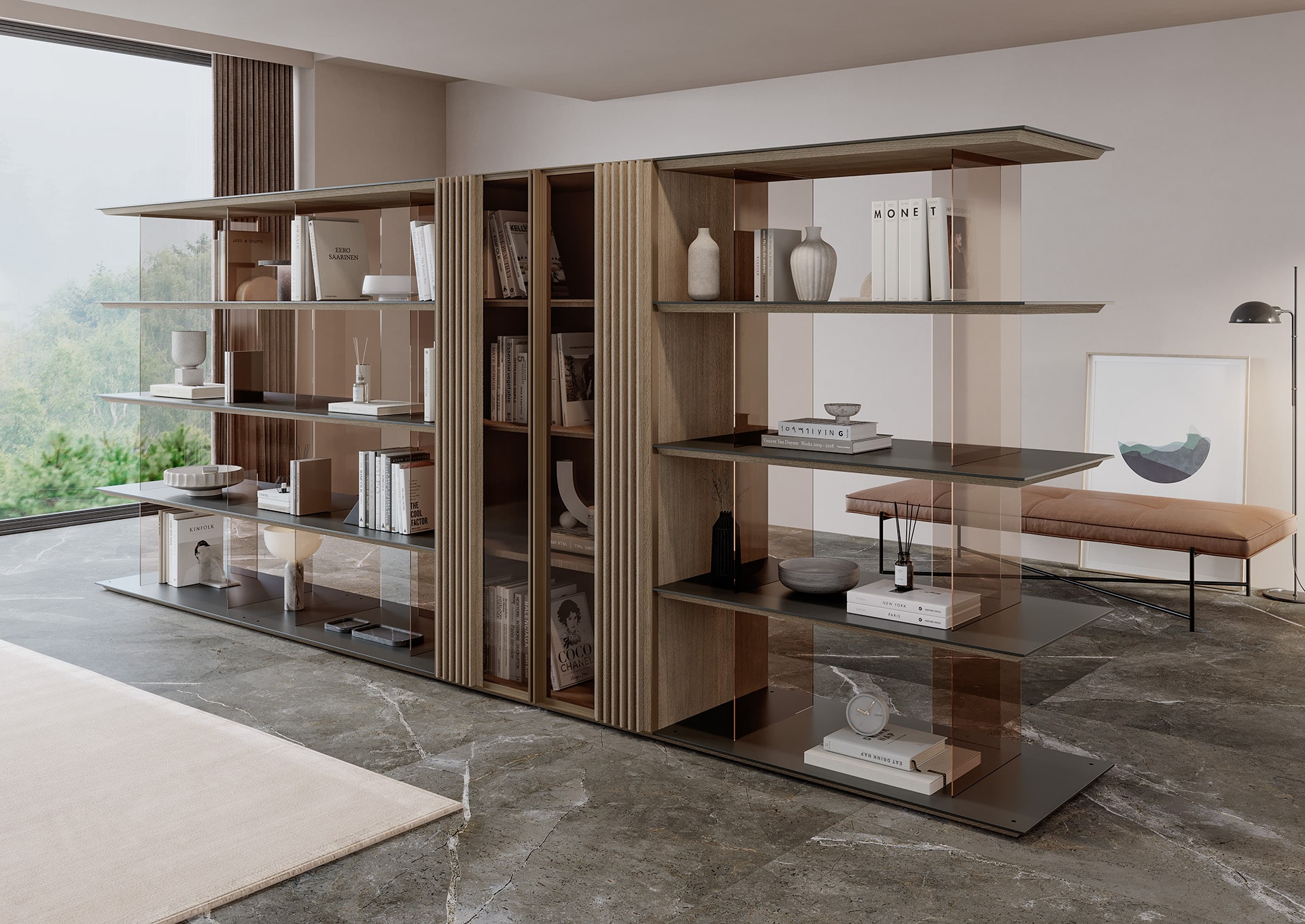 Armarios de lujo estantería nara 01 | uecko — diseño contemporáneo con maderas nobles y cristal Armarios de lujo estantería 01 de la colección nara de uecko: estantería de lujo en madera, cristal y porcelánico, de inspiración japonesa