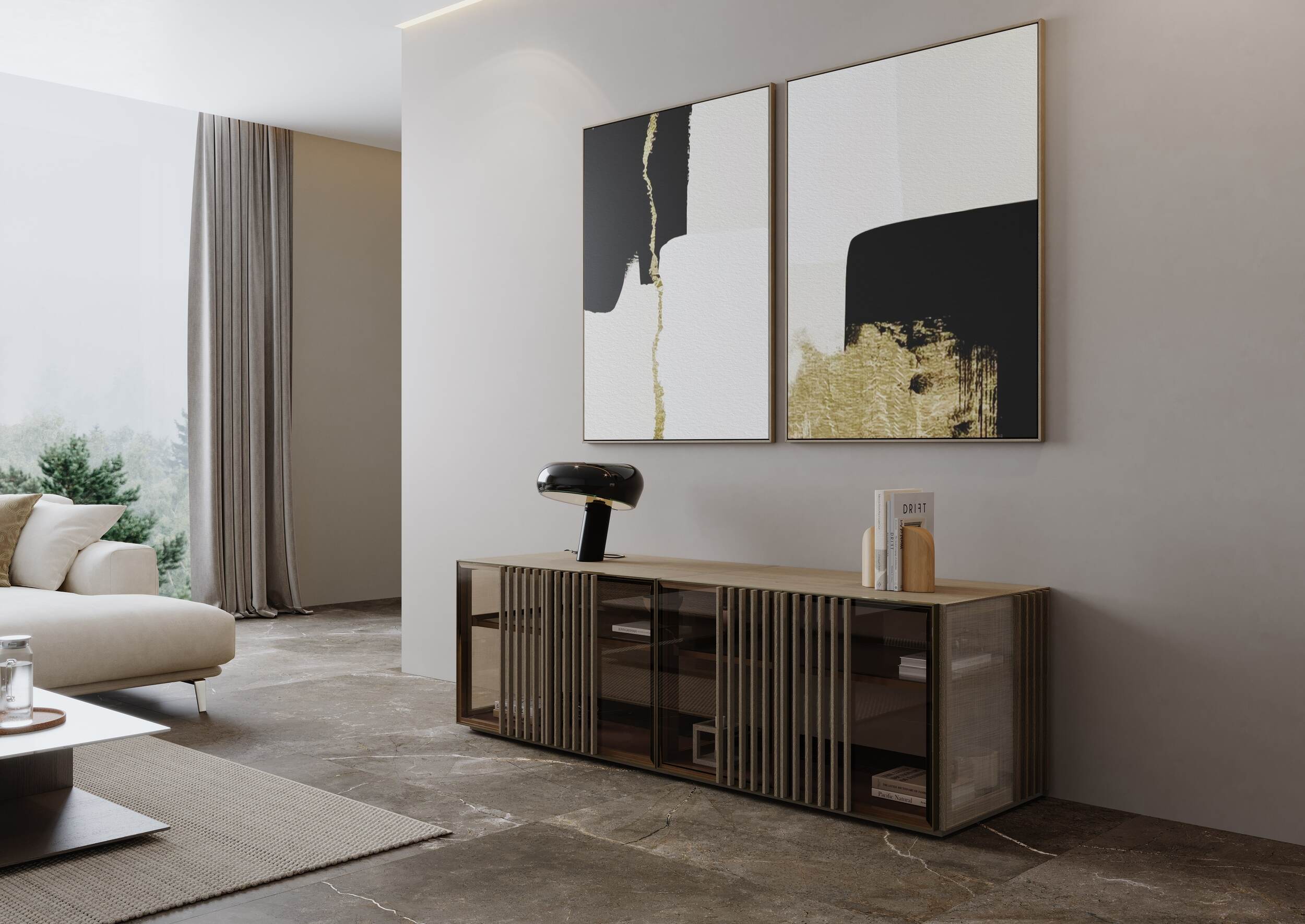 Armarios de lujo aparador nara 02 | uecko — versatilidad, elegancia y sostenibilidad Armarios de lujo aparador 02 de la colección nara de uecko: diseño contemporáneo amplio y de bajo perfil con cristal y madera