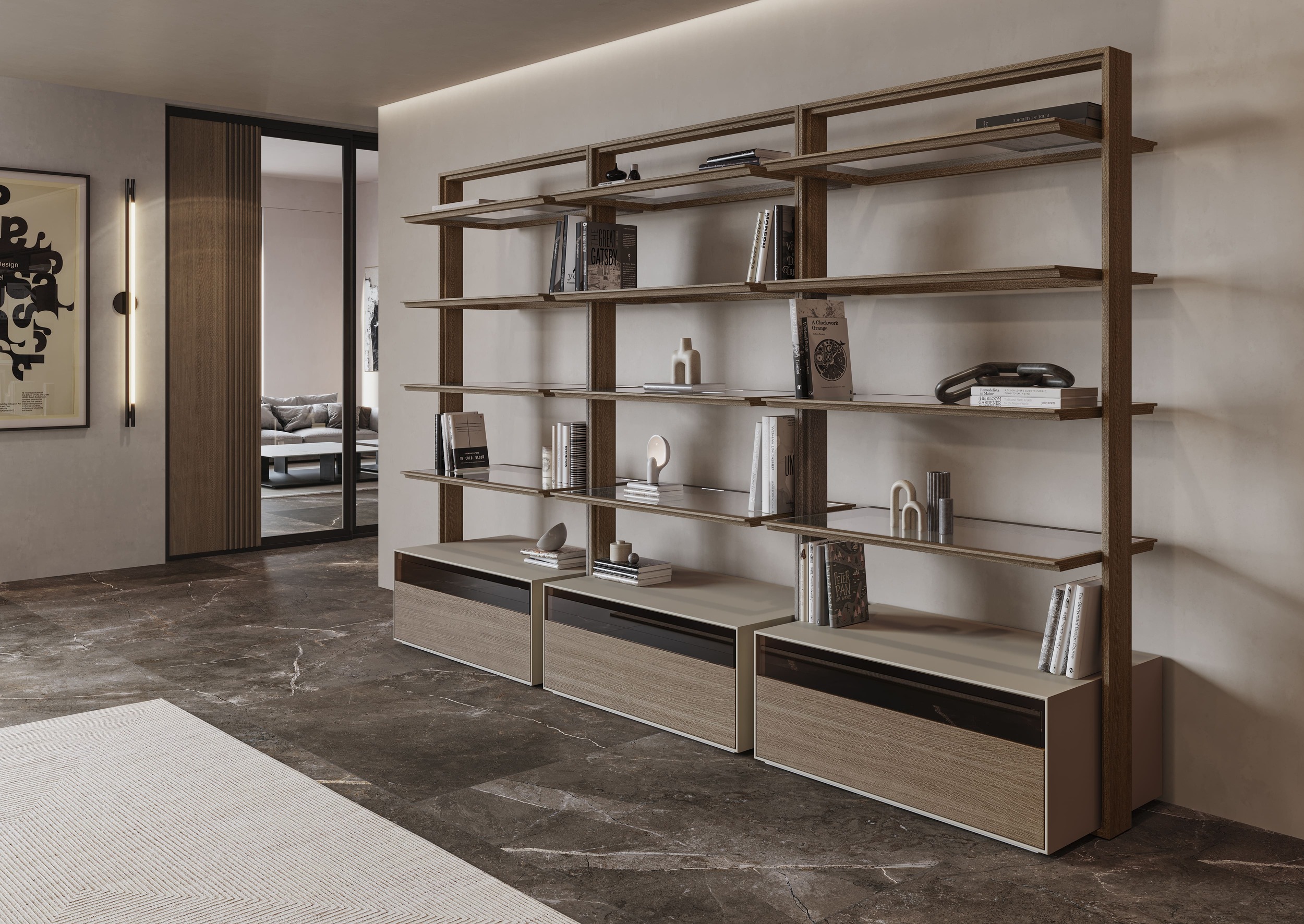 Armarios de lujo estantería nara 02 | uecko — estantería modular de lujo Armarios de lujo estantería nara 02 de uecko: estantería modular en madera, cristal y porcelánico
