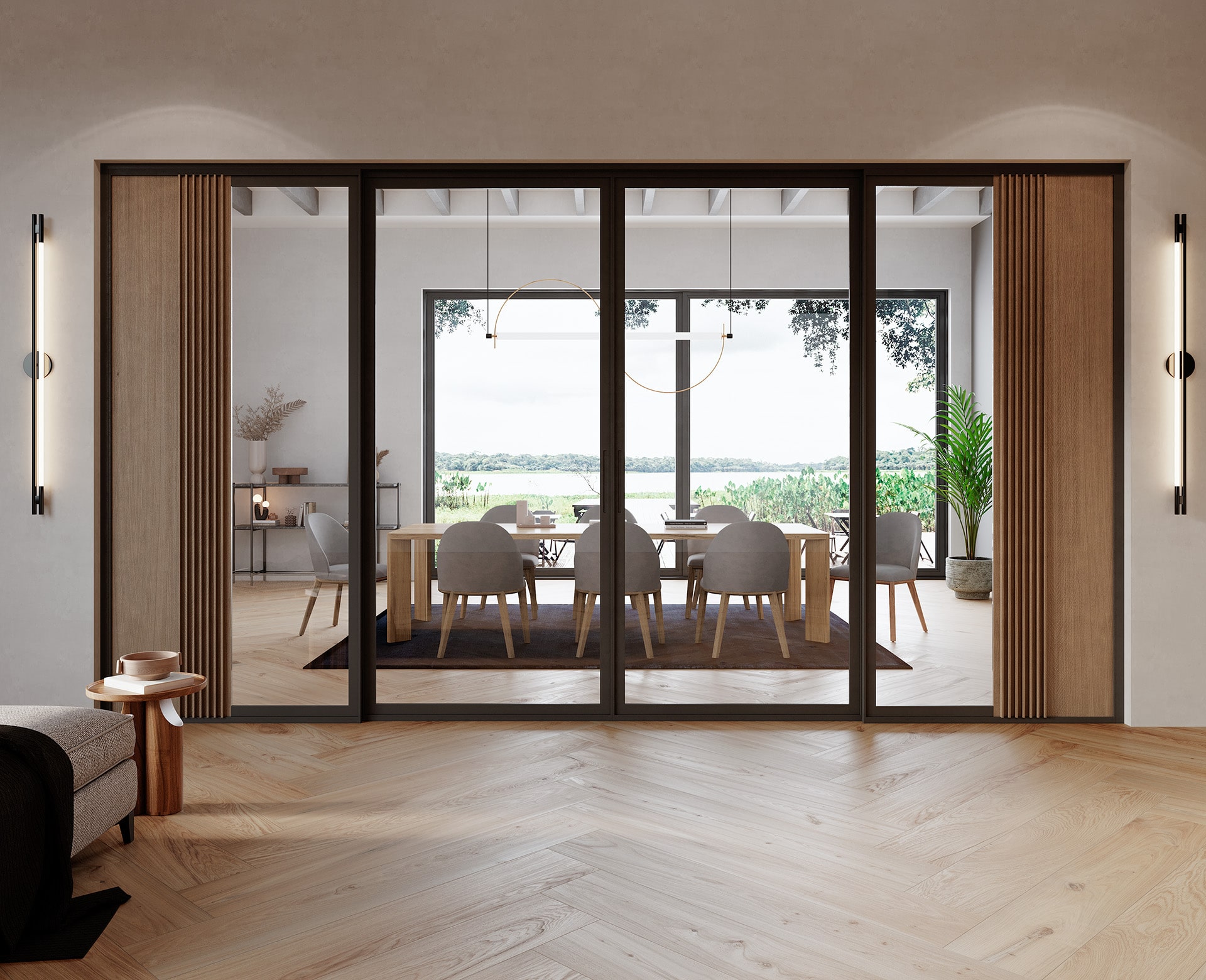 Armarios de lujo separador nara | uecko — conexión visual fluida y elegancia arquitectónica Armarios de lujo separador de ambientes nara de uecko: estructura con paneles de cristal y madera que define sin cerrar espacios