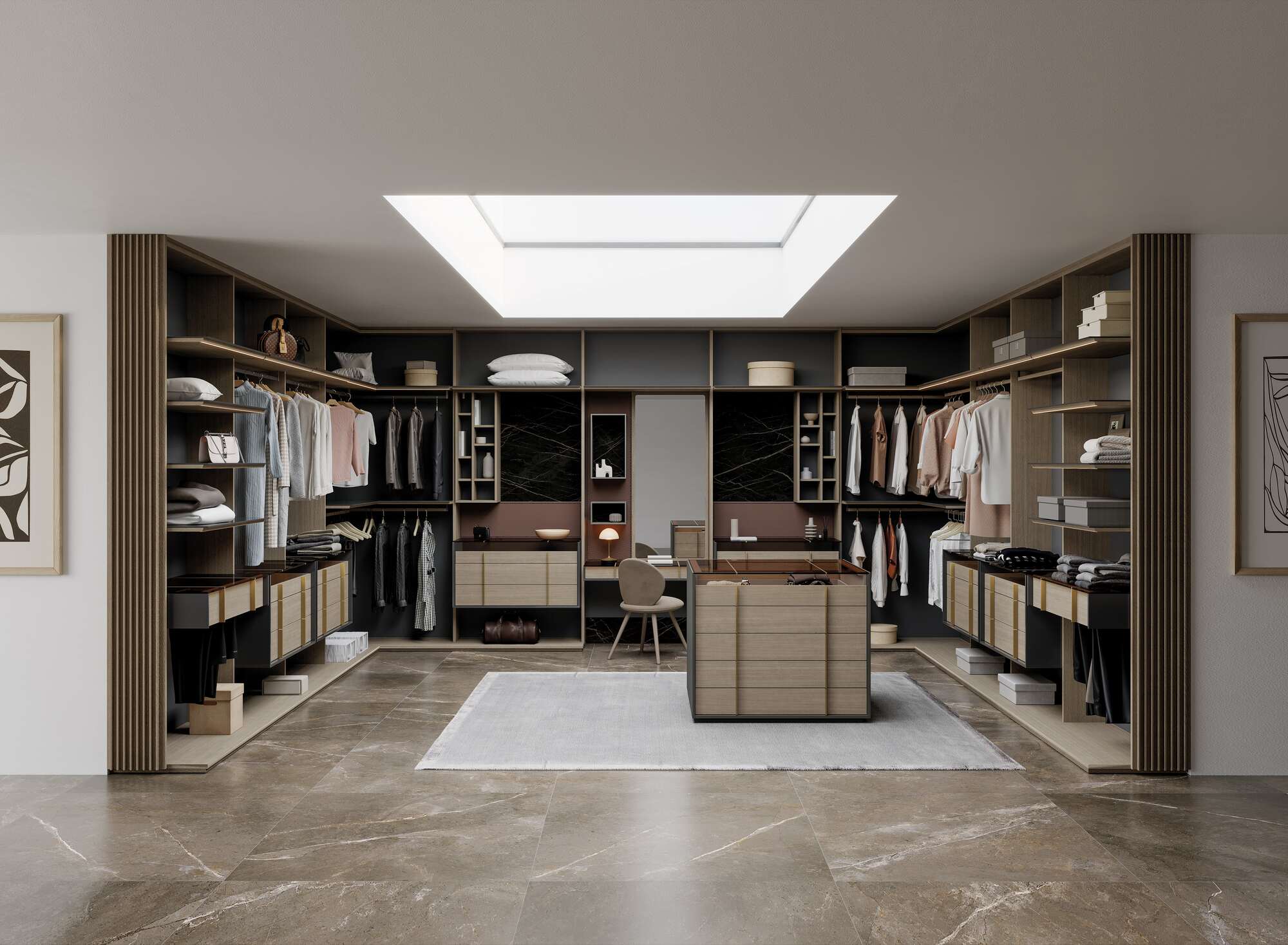 Vestidor de lujo semisuspendido UECKO en madera natural y cuero con palillería decorativa